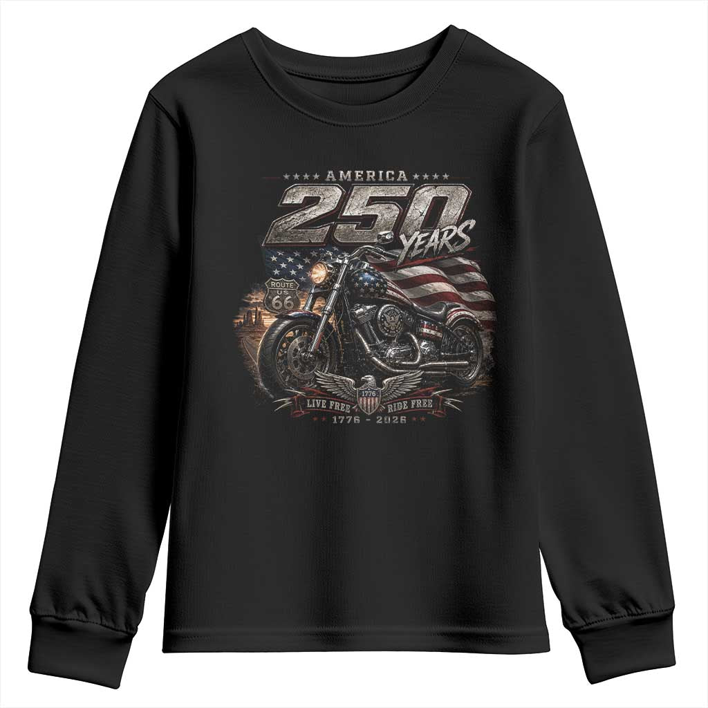 Retro Biker USA 250th Anniversary Youth Sweatshirt Vintage Motorcycle American Flag Route 66 Highway TS10 Black Print Your Wear