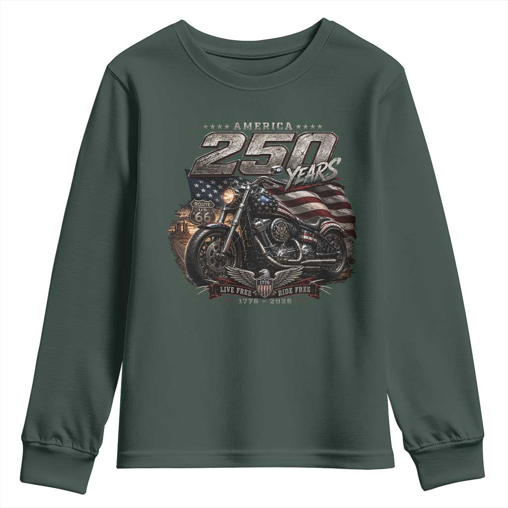 Retro Biker USA 250th Anniversary Youth Sweatshirt Vintage Motorcycle American Flag Route 66 Highway