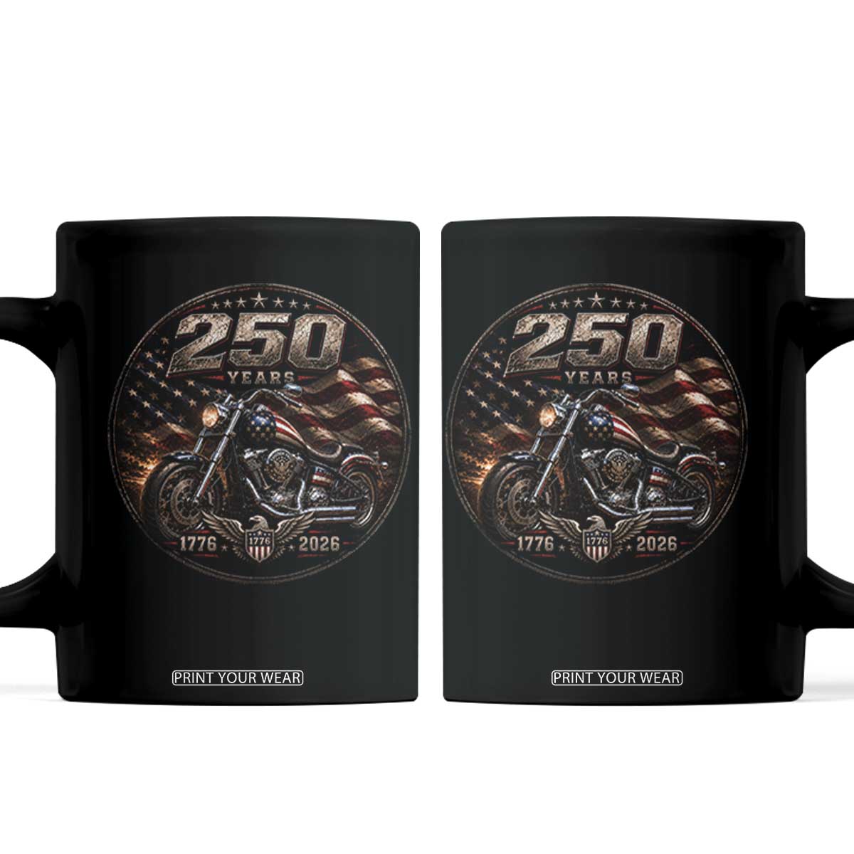 Retro Biker USA 250th Anniversary Coffee Mug Vintage 250 Years 1776 2026 Patriotic Motorcycle American Flag