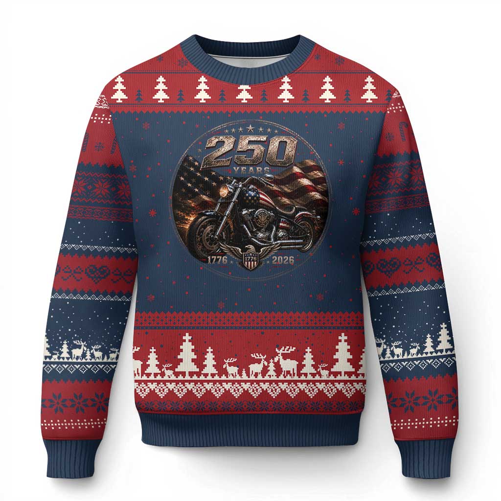 Retro Biker USA 250th Anniversary Ugly Christmas Sweater Vintage 250 Years 1776 2026 Patriotic Motorcycle American Flag