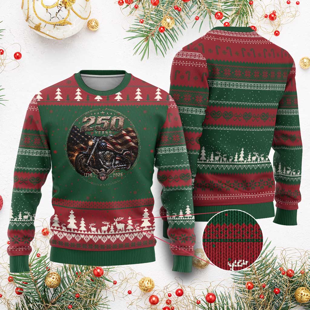Retro Biker USA 250th Anniversary Ugly Christmas Sweater Vintage 250 Years 1776 2026 Patriotic Motorcycle American Flag