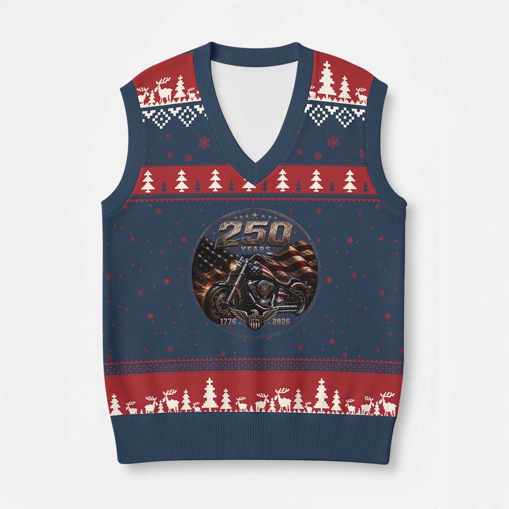 Retro Biker USA 250th Anniversary V-Neck Knit Sweater Vest Vintage 250 Years 1776 2026 Patriotic Motorcycle American Flag TS10 Navy Red Print Your Wear