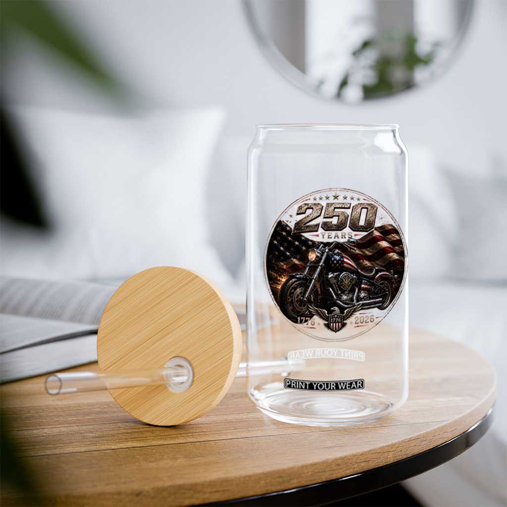 Retro Biker USA 250th Anniversary Glass Can Vintage 250 Years 1776 2026 Patriotic Motorcycle American Flag