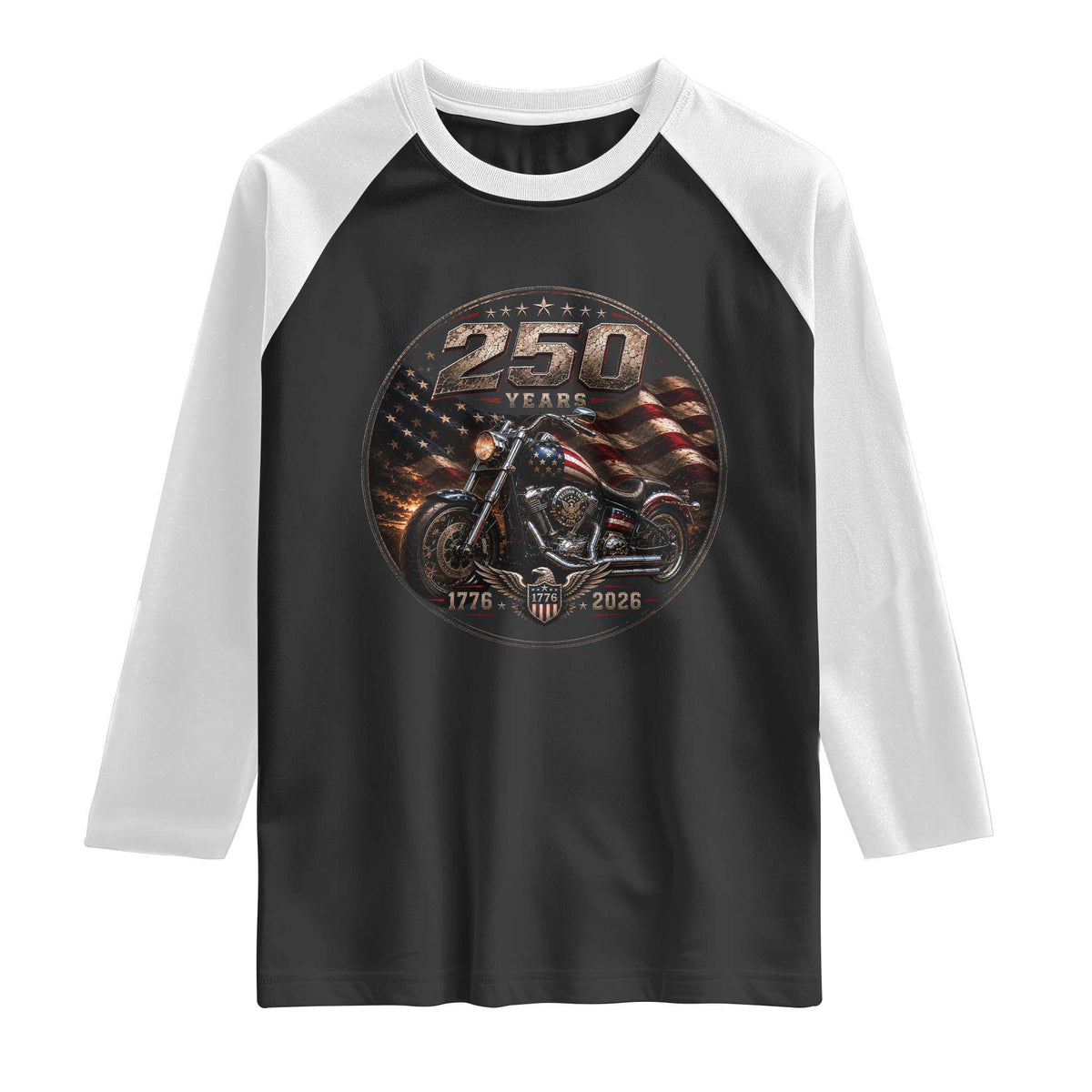 Retro Biker USA 250th Anniversary Raglan Shirt Vintage 250 Years 1776 2026 Patriotic Motorcycle American Flag
