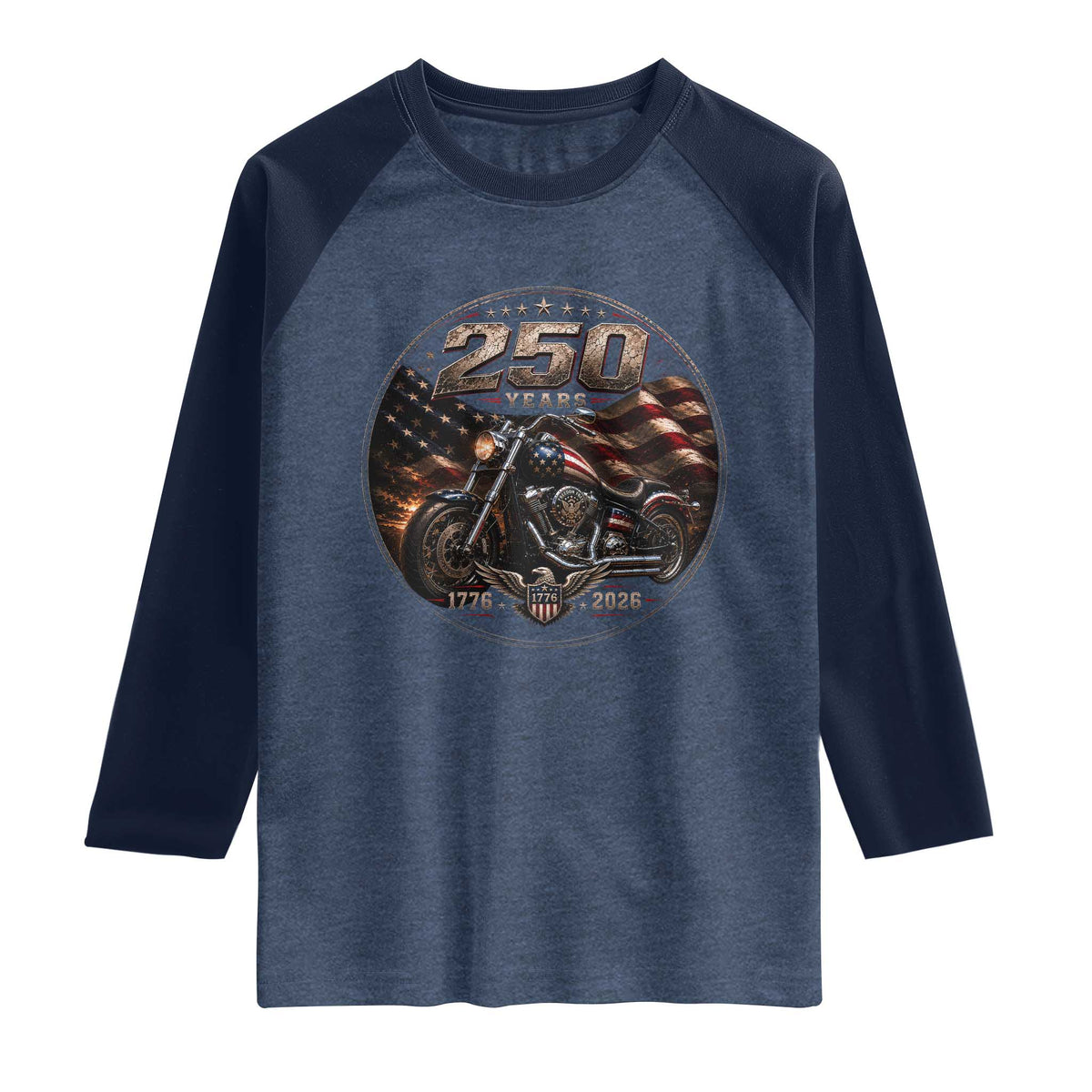 Retro Biker USA 250th Anniversary Raglan Shirt Vintage 250 Years 1776 2026 Patriotic Motorcycle American Flag