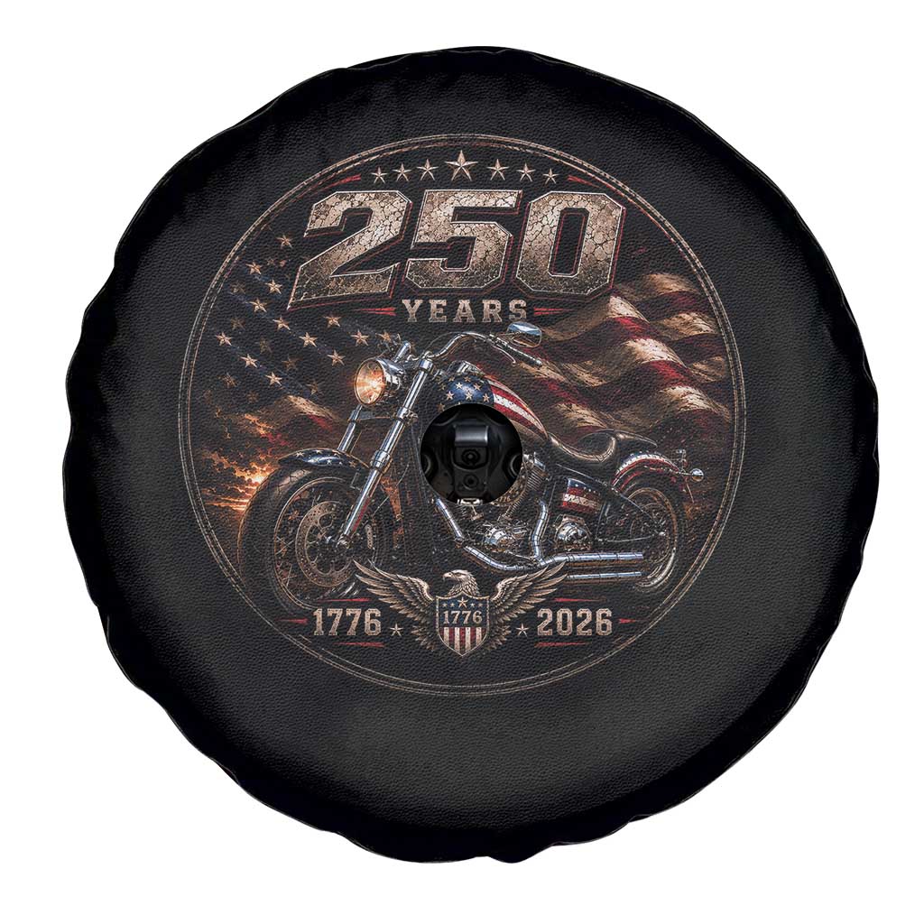 Retro Biker USA 250th Anniversary Spare Tire Cover Vintage 250 Years 1776 2026 Patriotic Motorcycle American Flag