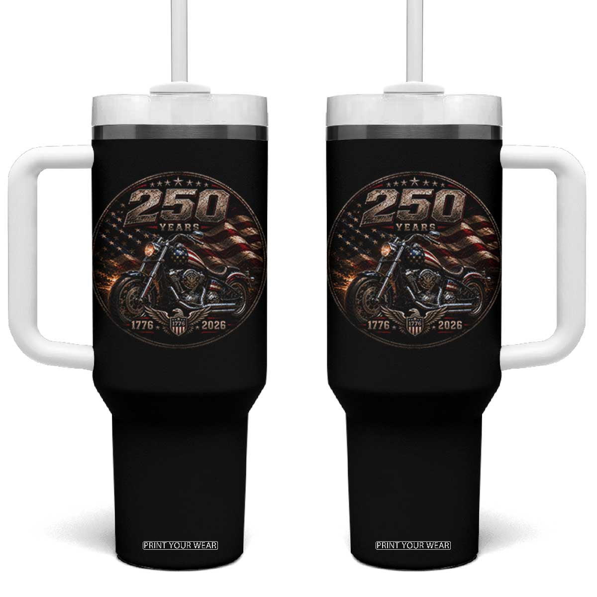 Retro Biker USA 250th Anniversary Tumbler With Handle Vintage 250 Years 1776 2026 Patriotic Motorcycle American Flag