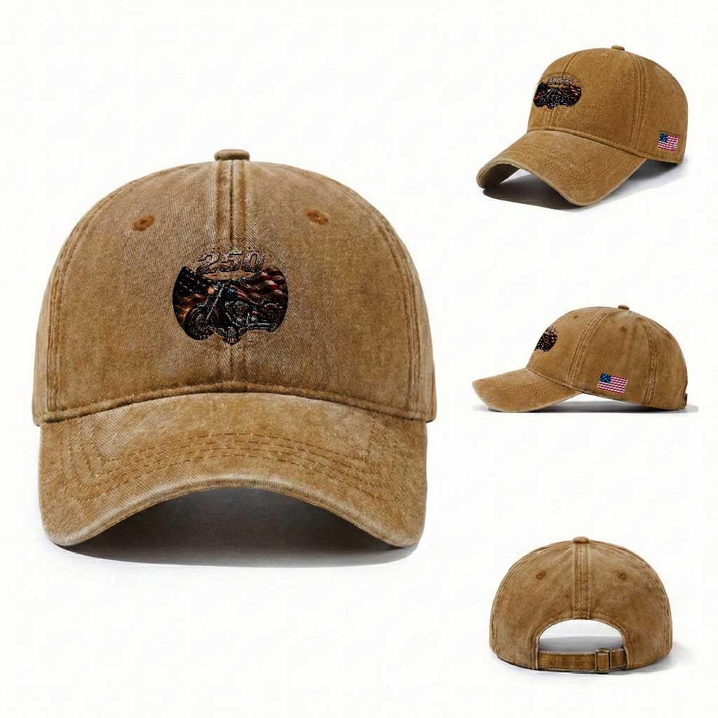 Retro Biker USA 250th Anniversary Washed Cotton Baseball Cap Vintage 250 Years 1776 2026 Patriotic Motorcycle American Flag