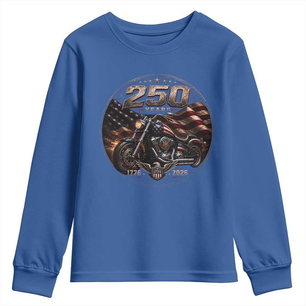 Retro Biker USA 250th Anniversary Youth Sweatshirt Vintage 250 Years 1776 2026 Patriotic Motorcycle American Flag