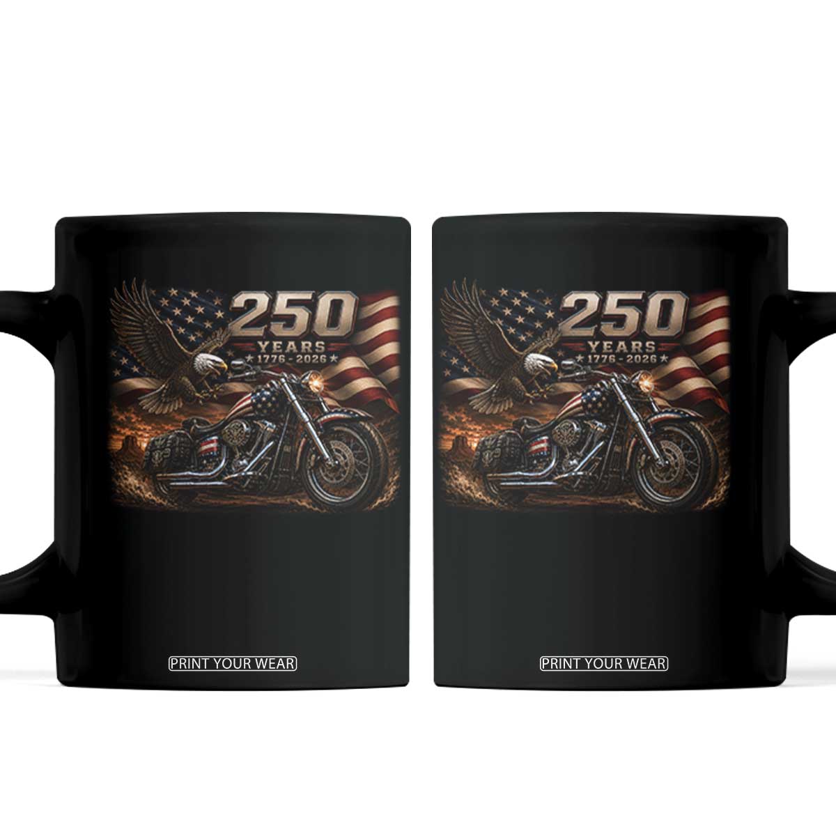 Retro Biker USA 250th Anniversary Coffee Mug American Flag Motorcycle Eagle Independence Day