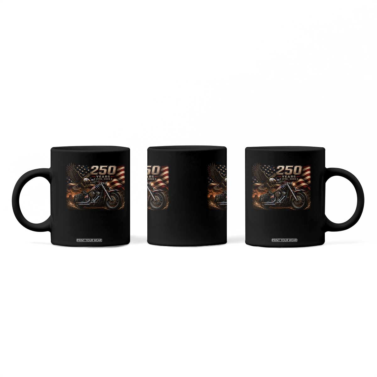 Retro Biker USA 250th Anniversary Coffee Mug American Flag Motorcycle Eagle Independence Day