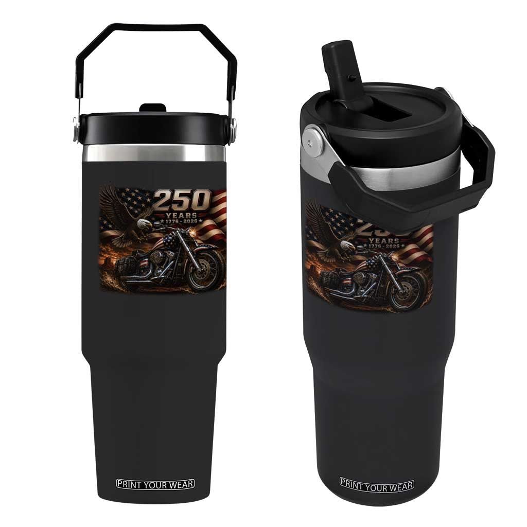 Retro Biker USA 250th Anniversary Flip Straw Tumbler American Flag Motorcycle Eagle Independence Day