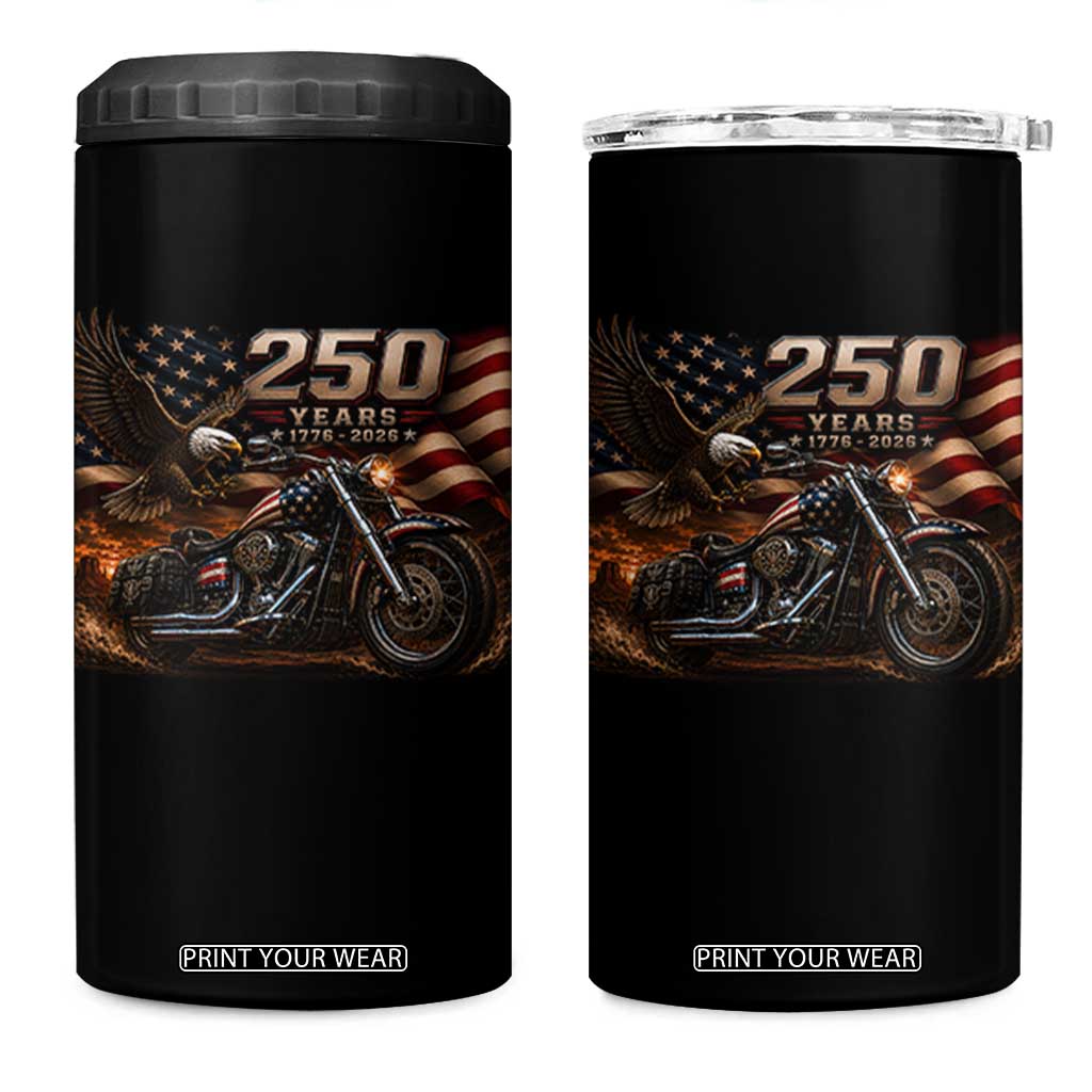 Retro Biker USA 250th Anniversary 4 in 1 Can Cooler Tumbler American Flag Motorcycle Eagle Independence Day