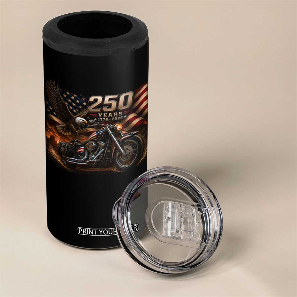Retro Biker USA 250th Anniversary 4 in 1 Can Cooler Tumbler American Flag Motorcycle Eagle Independence Day