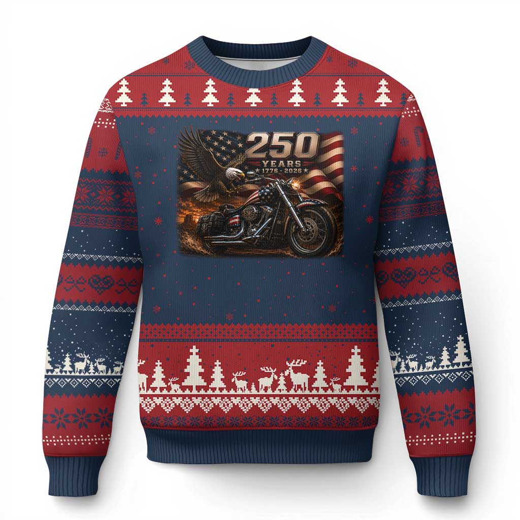 Retro Biker USA 250th Anniversary Ugly Christmas Sweater American Flag Motorcycle Eagle Independence Day