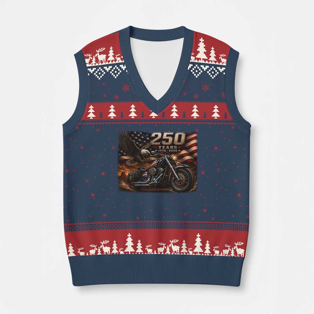Retro Biker USA 250th Anniversary V-Neck Knit Sweater Vest American Flag Motorcycle Eagle Independence Day