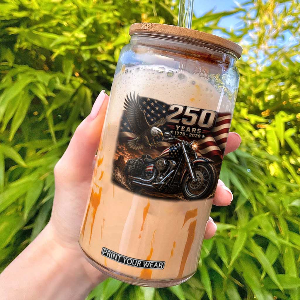 Retro Biker USA 250th Anniversary Glass Can American Flag Motorcycle Eagle Independence Day