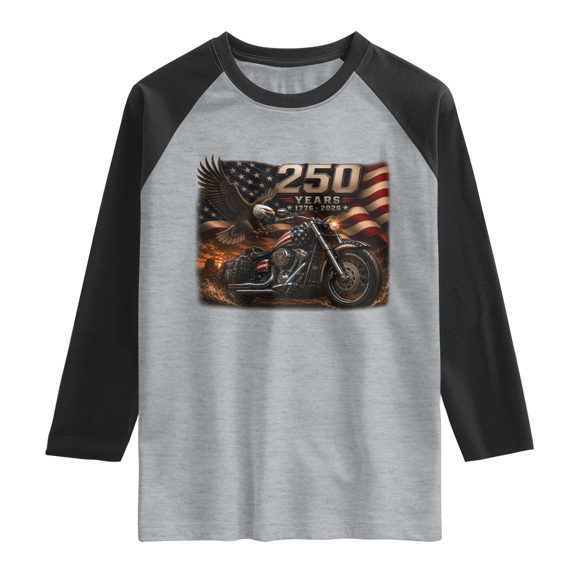Retro Biker USA 250th Anniversary Raglan Shirt American Flag Motorcycle Eagle Independence Day