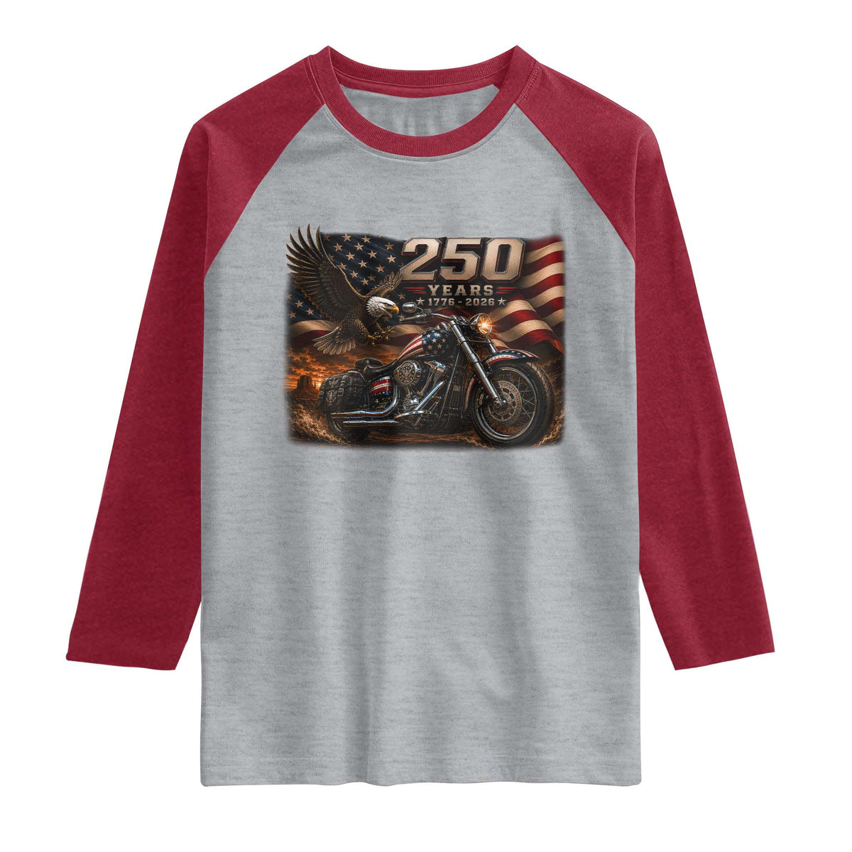Retro Biker USA 250th Anniversary Raglan Shirt American Flag Motorcycle Eagle Independence Day