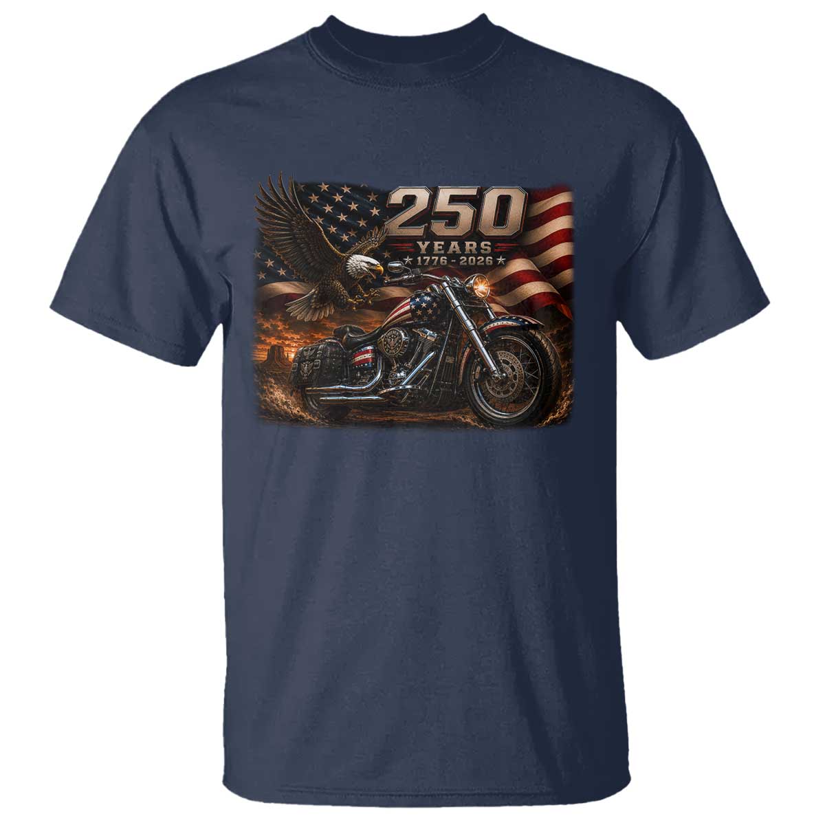 Retro Biker USA 250th Anniversary T Shirt American Flag Motorcycle Eagle Independence Day