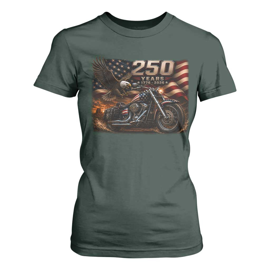 Retro Biker USA 250th Anniversary T Shirt For Women American Flag Motorcycle Eagle Independence Day