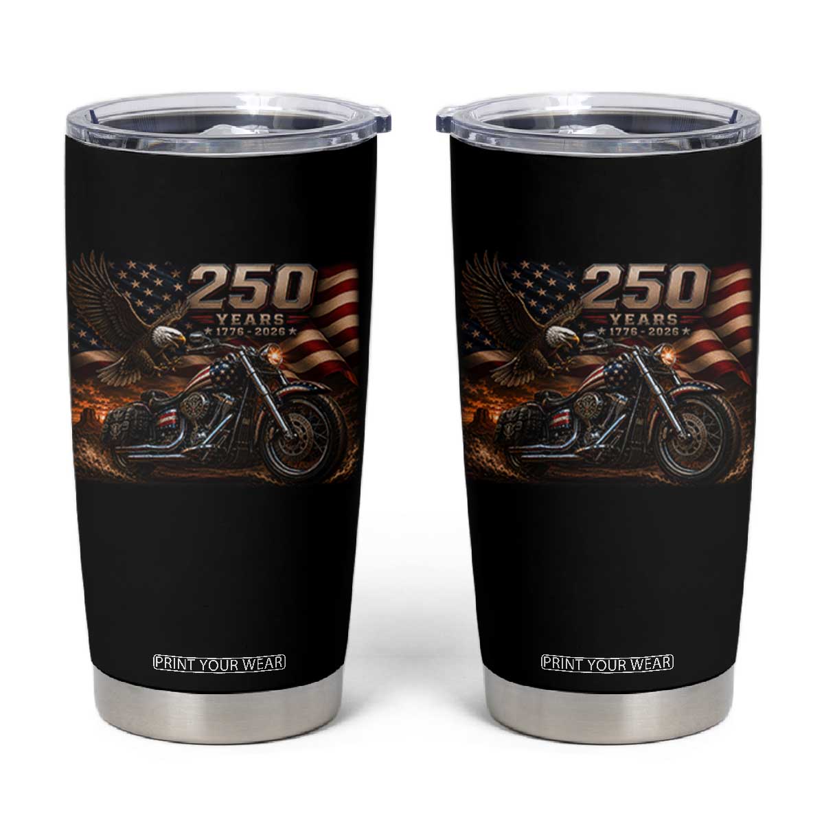 Retro Biker USA 250th Anniversary Tumbler Cup American Flag Motorcycle Eagle Independence Day