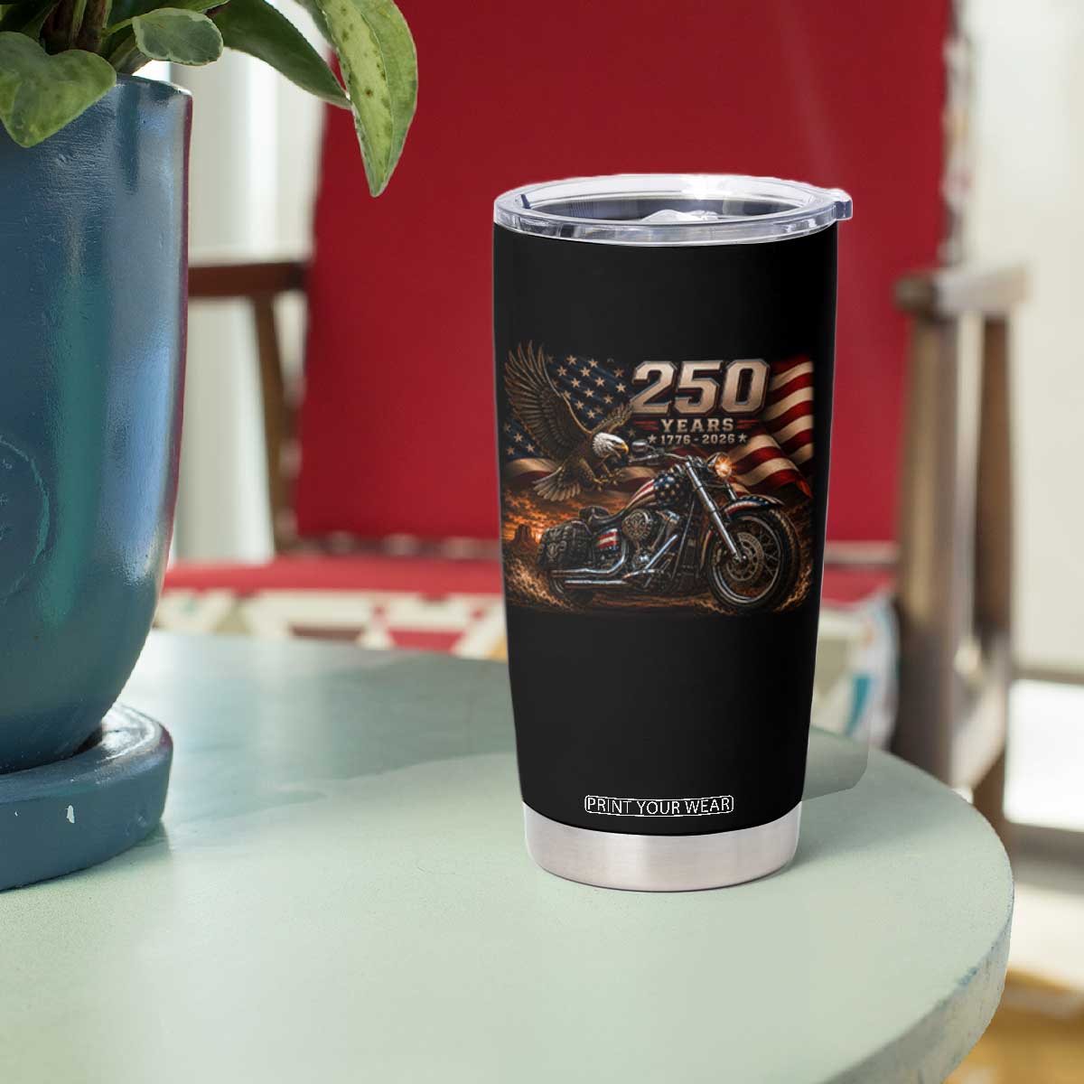 Retro Biker USA 250th Anniversary Tumbler Cup American Flag Motorcycle Eagle Independence Day