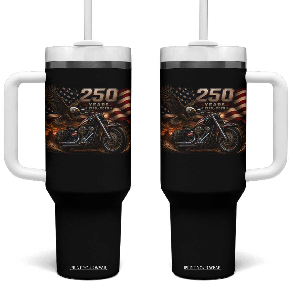 Retro Biker USA 250th Anniversary Tumbler With Handle American Flag Motorcycle Eagle Independence Day