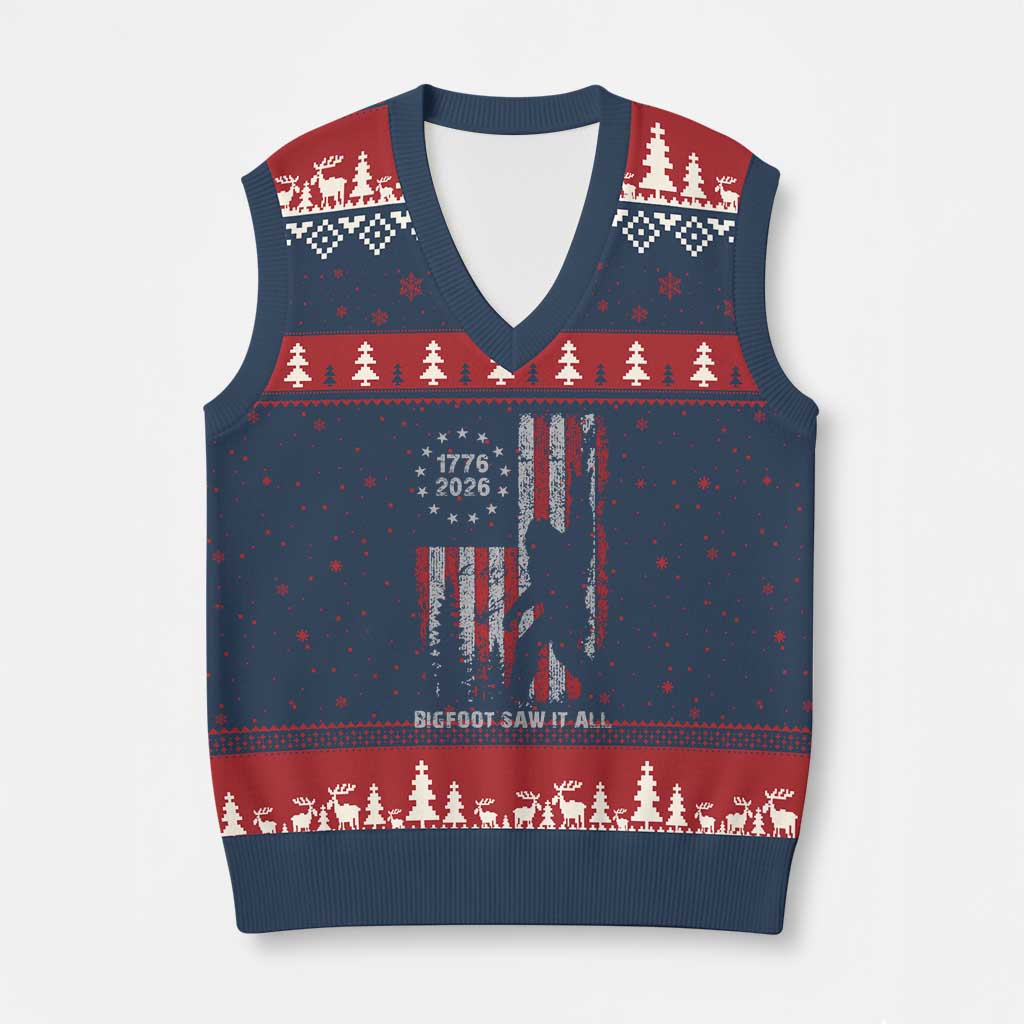 Bigfoot Sasquatch USA 250th Anniversary V-Neck Knit Sweater Vest Retro Bigfoot Saw It All 250 Years 1776 2026 4th of July