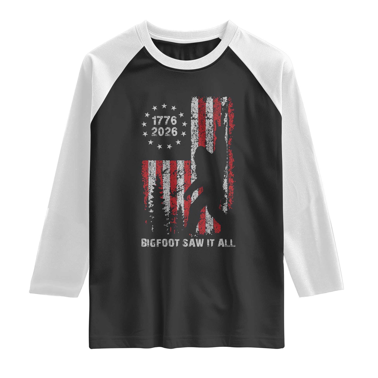 Bigfoot Sasquatch USA 250th Anniversary Raglan Shirt Retro Bigfoot Saw It All 250 Years 1776 2026 4th of July TS10 Black White Print Your Wear