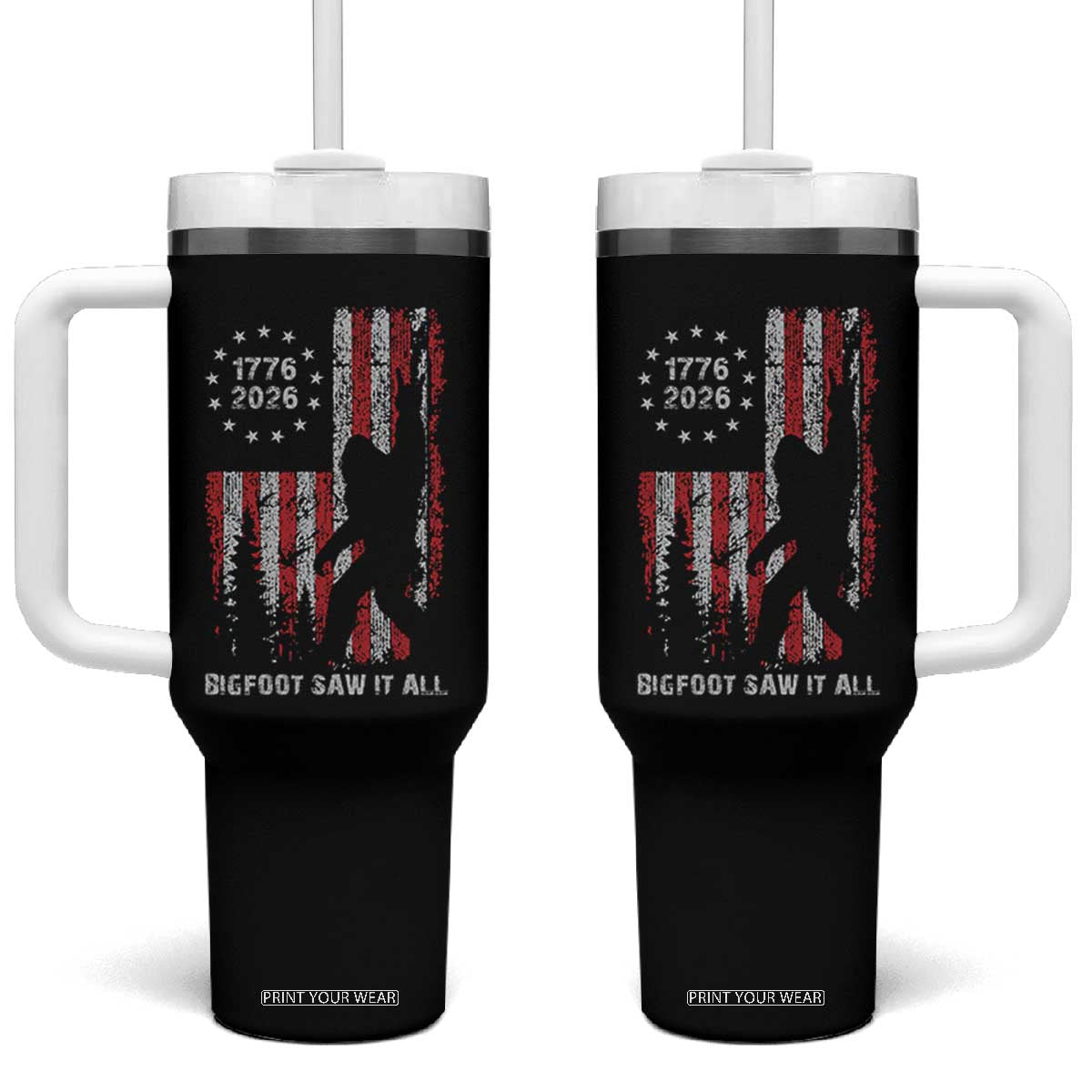 Bigfoot Sasquatch USA 250th Anniversary Tumbler With Handle Retro Bigfoot Saw It All 250 Years 1776 2026 4th of July TS10 One Size: 40 oz Black Print Your Wear