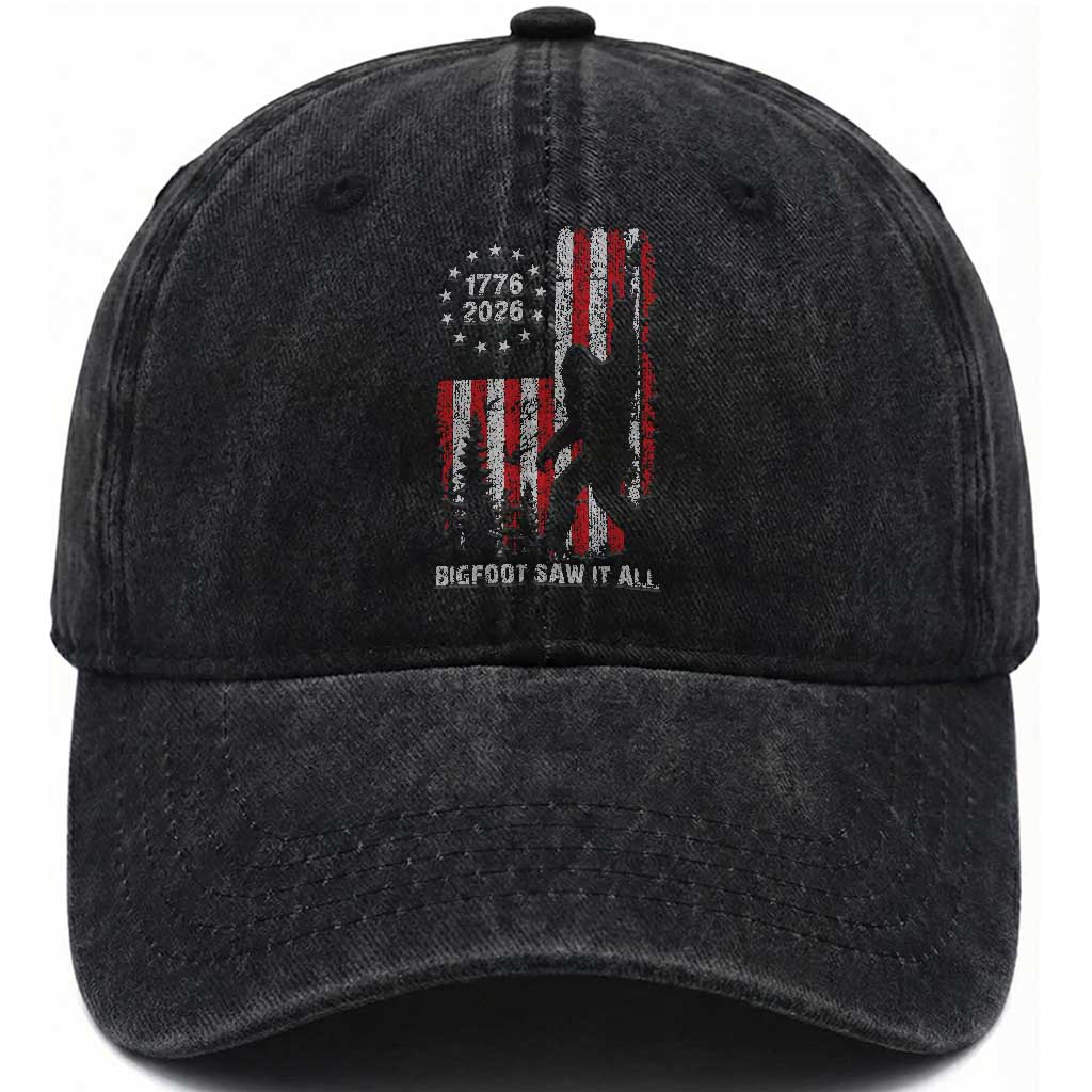 Bigfoot Sasquatch USA 250th Anniversary Washed Cotton Baseball Cap Retro Bigfoot Saw It All 250 Years 1776 2026 4th of July TS10 Print Your Wear