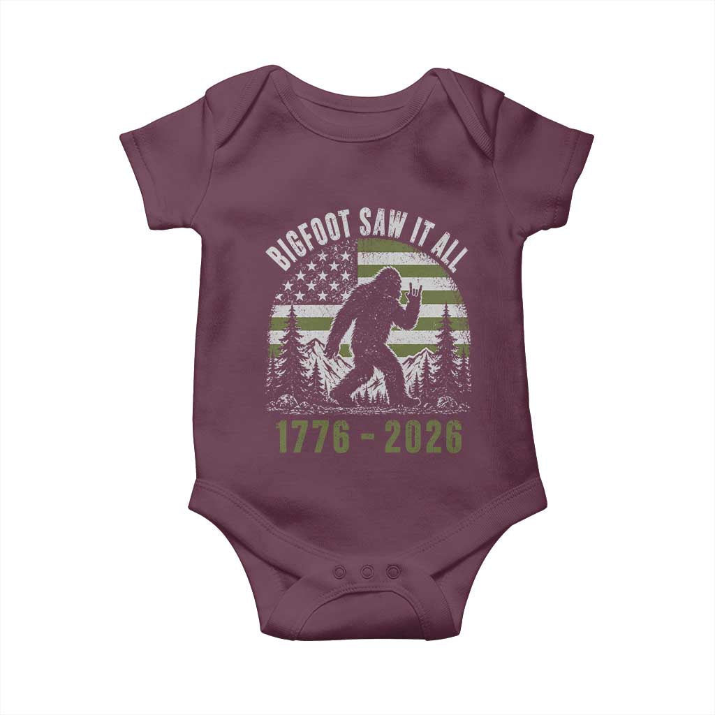 Retro Bigfoot Saw It All USA 250th Anniversary Baby Onesie 250 Years 1776 2026 4th of July Sasquatch Flag