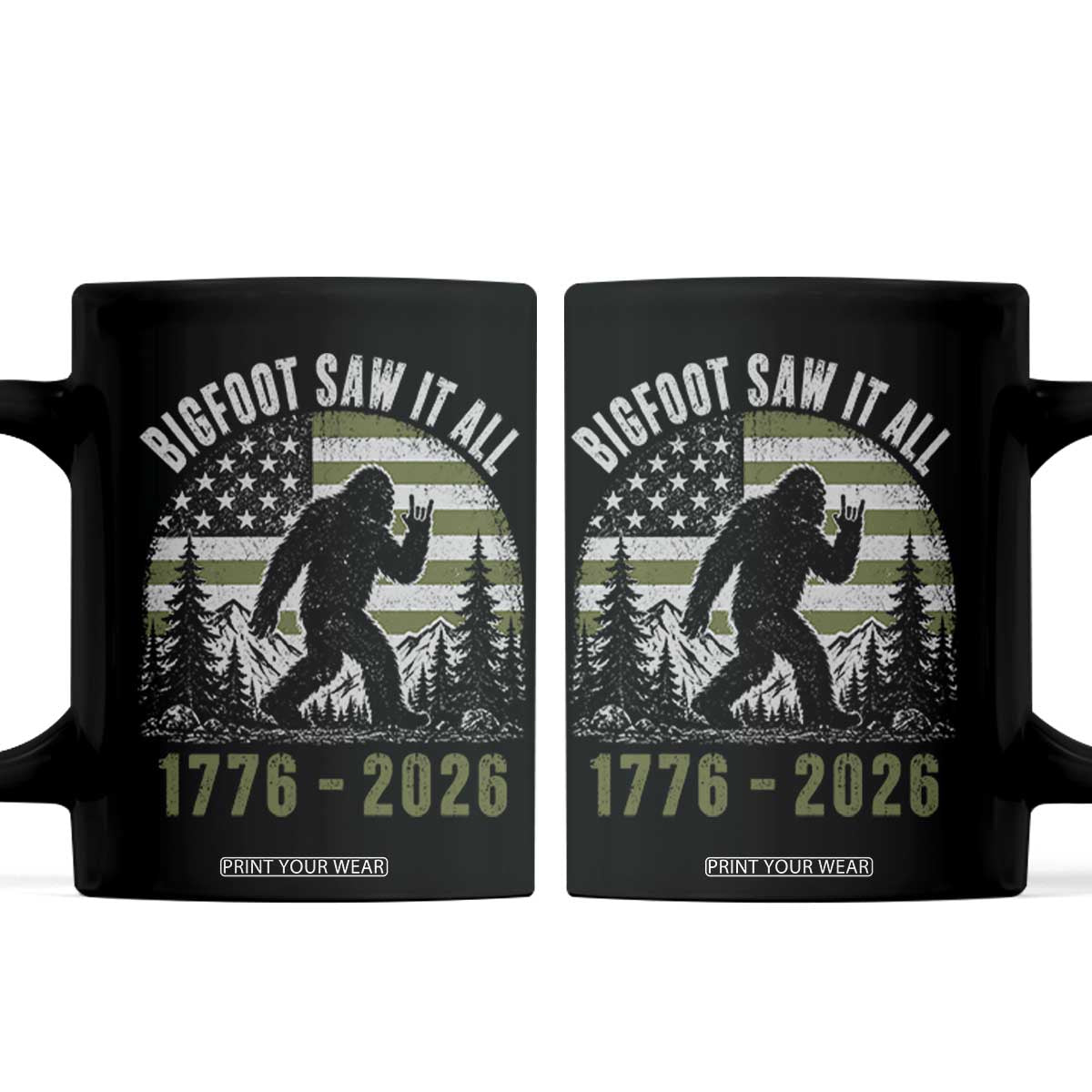 Retro Bigfoot Saw It All USA 250th Anniversary Coffee Mug 250 Years 1776 2026 4th of July Sasquatch Flag