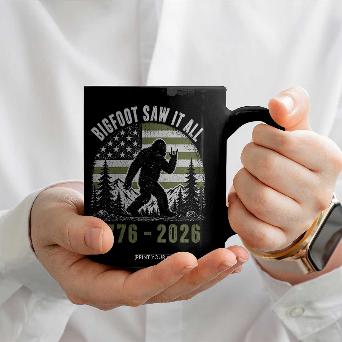 Retro Bigfoot Saw It All USA 250th Anniversary Coffee Mug 250 Years 1776 2026 4th of July Sasquatch Flag