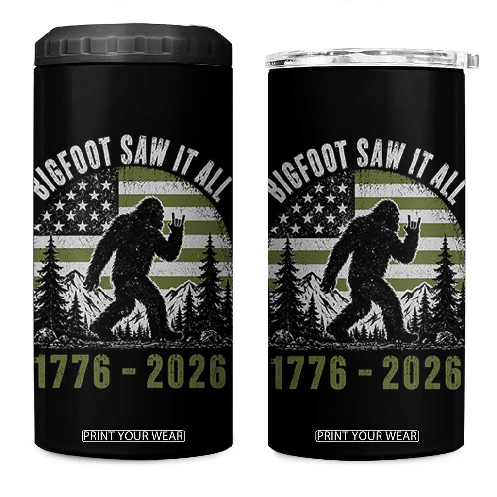 Retro Bigfoot Saw It All USA 250th Anniversary 4 in 1 Can Cooler Tumbler 250 Years 1776 2026 4th of July Sasquatch Flag