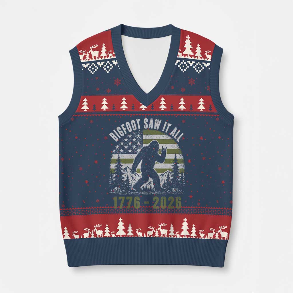 Retro Bigfoot Saw It All USA 250th Anniversary V-Neck Knit Sweater Vest 250 Years 1776 2026 4th of July Sasquatch Flag