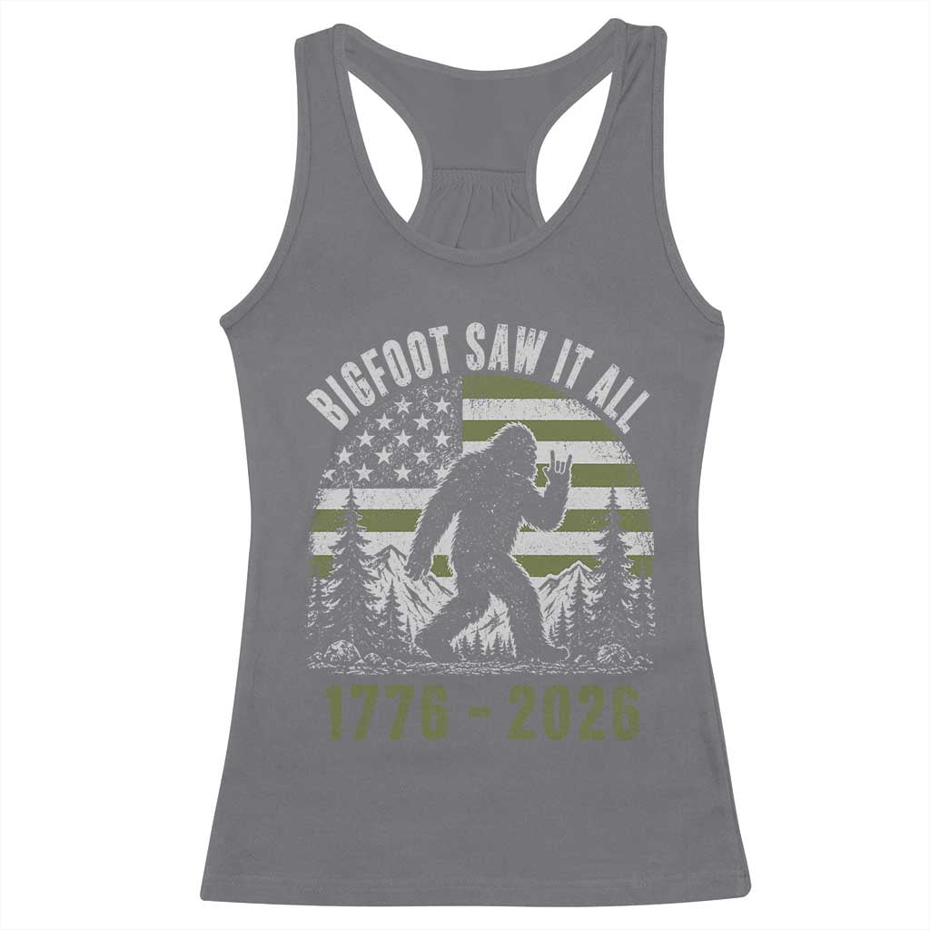 Retro Bigfoot Saw It All USA 250th Anniversary Racerback Tank Top 250 Years 1776 2026 4th of July Sasquatch Flag