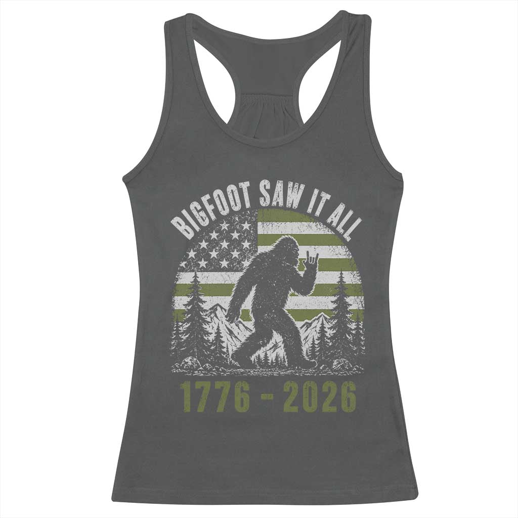 Retro Bigfoot Saw It All USA 250th Anniversary Racerback Tank Top 250 Years 1776 2026 4th of July Sasquatch Flag