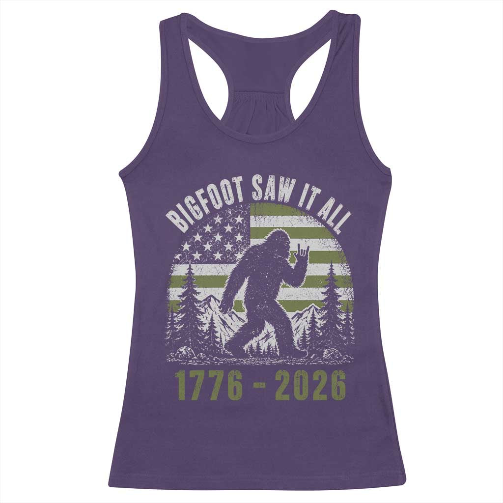 Retro Bigfoot Saw It All USA 250th Anniversary Racerback Tank Top 250 Years 1776 2026 4th of July Sasquatch Flag