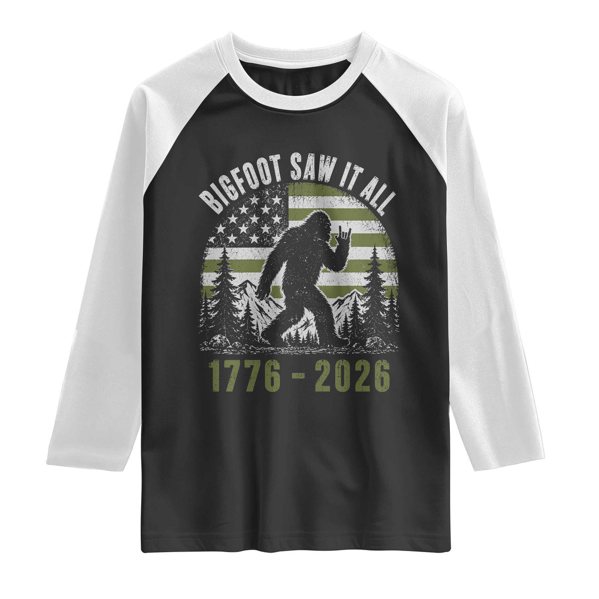 Retro Bigfoot Saw It All USA 250th Anniversary Raglan Shirt 250 Years 1776 2026 4th of July Sasquatch Flag
