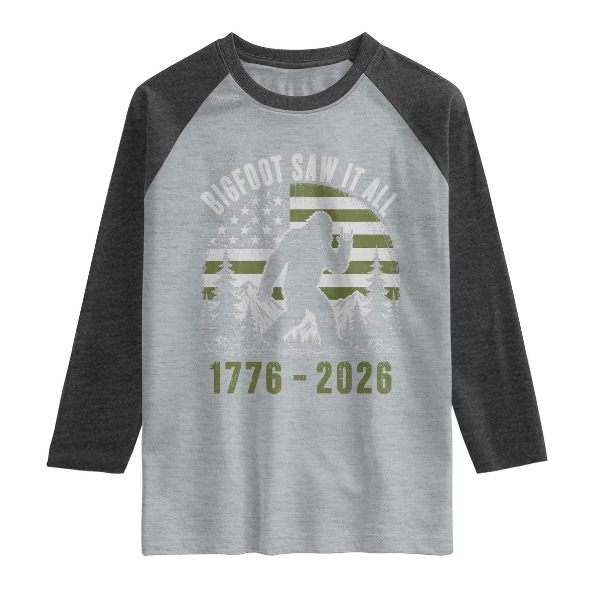 Retro Bigfoot Saw It All USA 250th Anniversary Raglan Shirt 250 Years 1776 2026 4th of July Sasquatch Flag