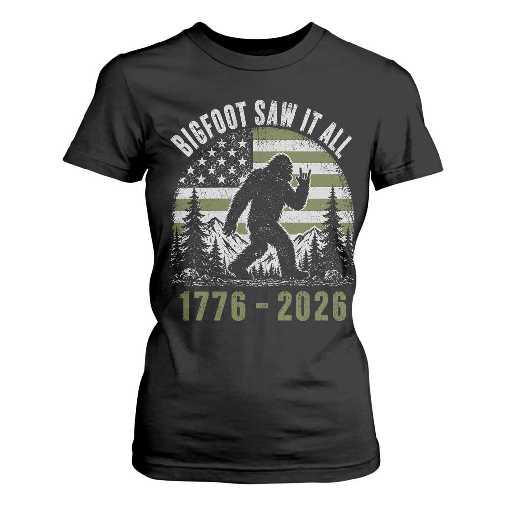 Retro Bigfoot Saw It All USA 250th Anniversary T Shirt For Women 250 Years 1776 2026 4th of July Sasquatch Flag