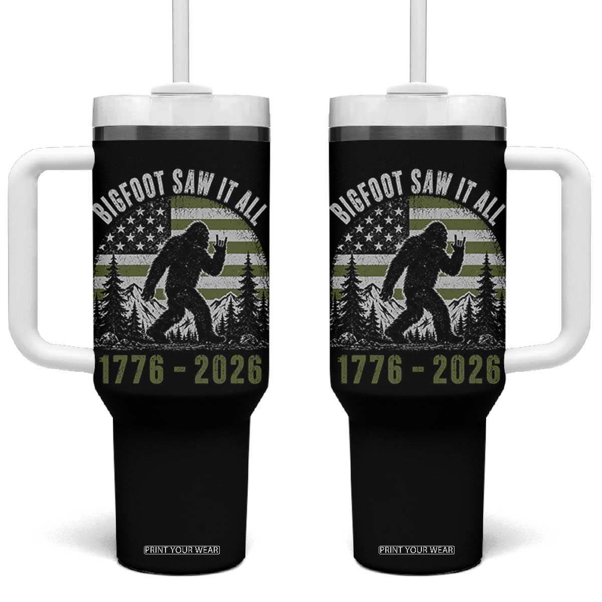 Retro Bigfoot Saw It All USA 250th Anniversary Tumbler With Handle 250 Years 1776 2026 4th of July Sasquatch Flag