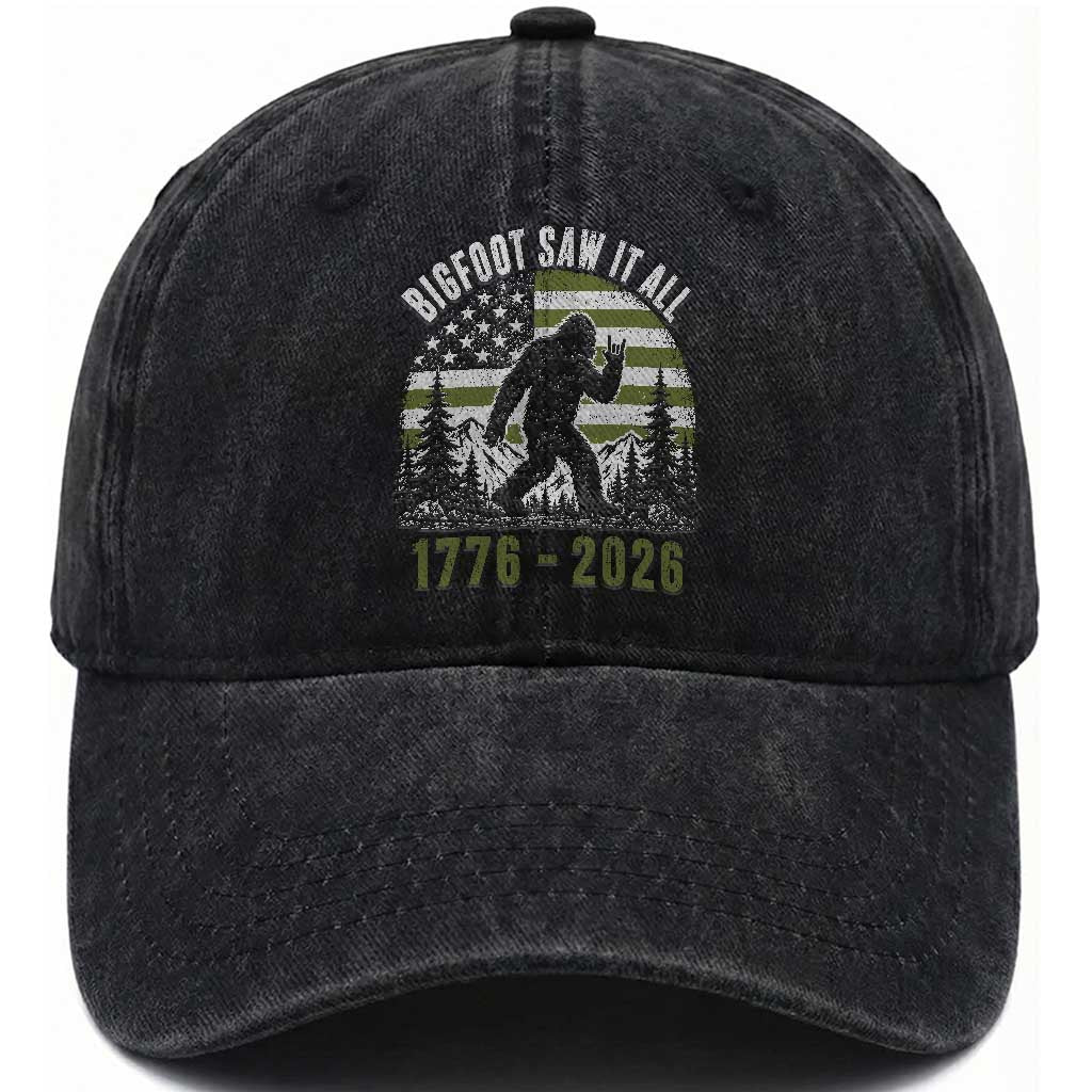 Retro Bigfoot Saw It All USA 250th Anniversary Washed Cotton Baseball Cap 250 Years 1776 2026 4th of July Sasquatch Flag