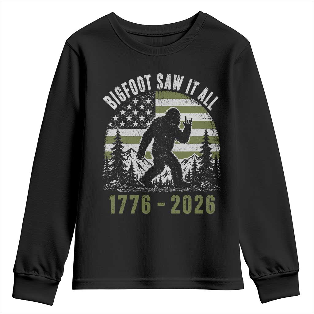 Retro Bigfoot Saw It All USA 250th Anniversary Youth Sweatshirt 250 Years 1776 2026 4th of July Sasquatch Flag TS10 Black Print Your Wear