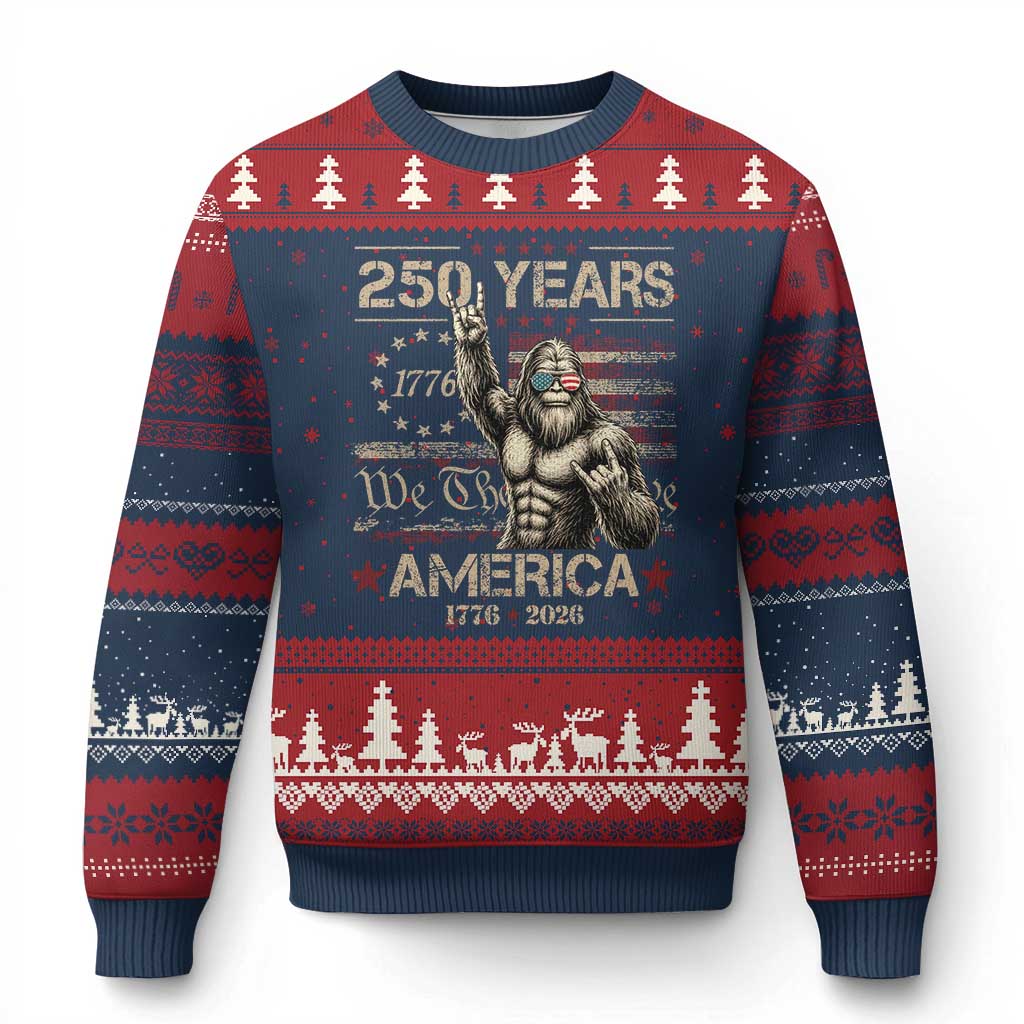 Bigfoot Sasquatch USA 250th Anniversary Ugly Christmas Sweater Retro 250 Years 1776 2026 4th of July Independence Day TS10 Navy Red Print Your Wear
