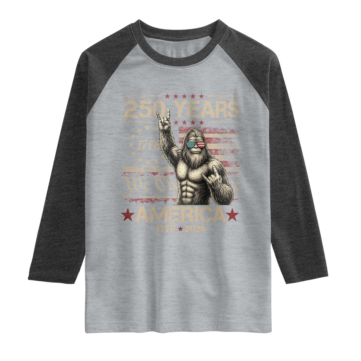 Bigfoot Sasquatch USA 250th Anniversary Raglan Shirt Retro 250 Years 1776 2026 4th of July Independence Day
