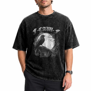 Black Crow F-Caw-F Washed Cotton T-Shirt Funny Raven Moon Gothic Adult Humor