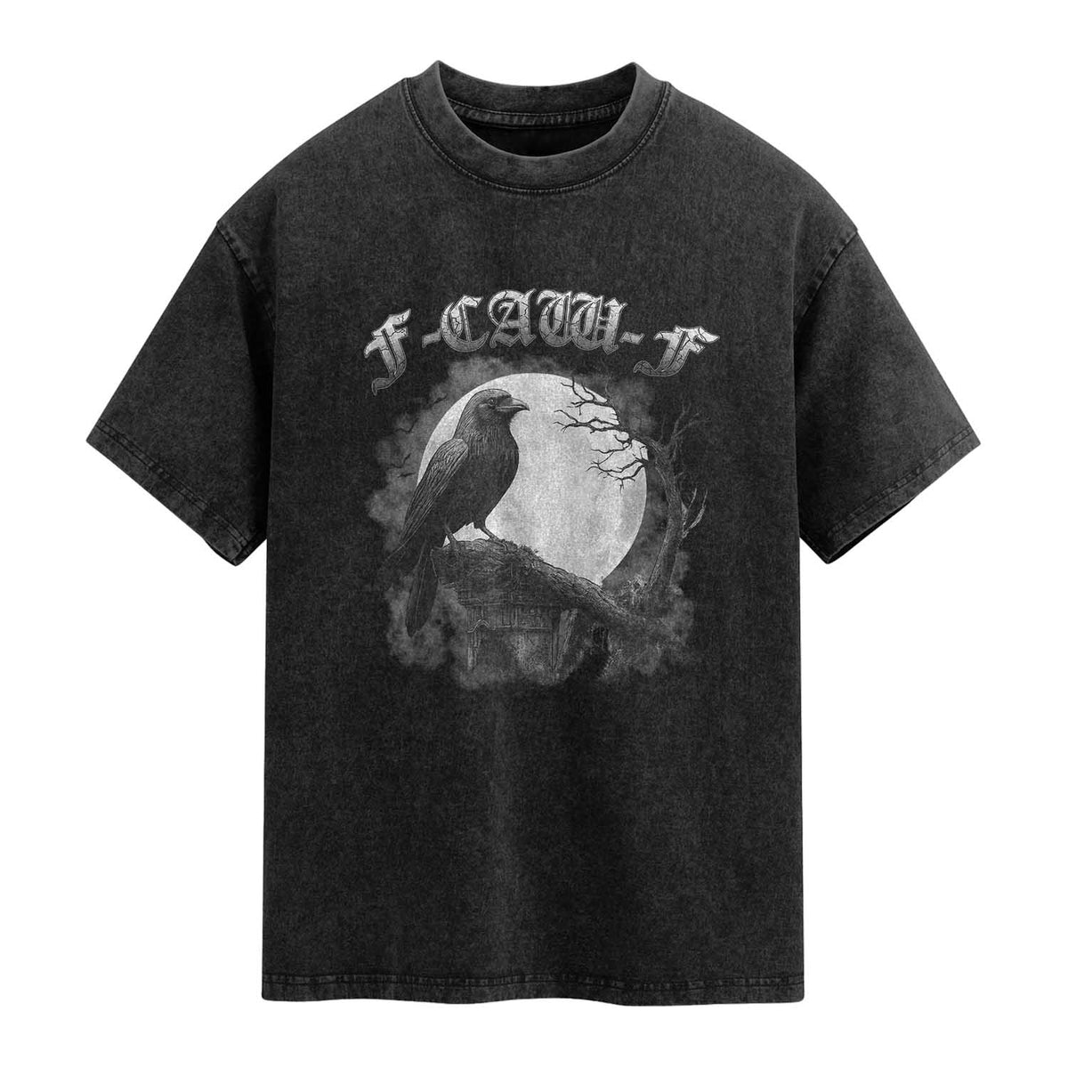 Black Crow F-Caw-F Washed Cotton T-Shirt Funny Raven Moon Gothic Adult Humor